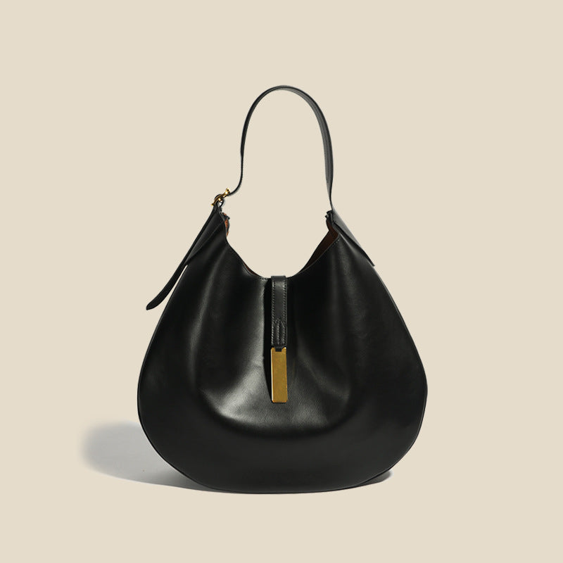 Black Litchi Grain Leather Wide Strap Hobo Bag