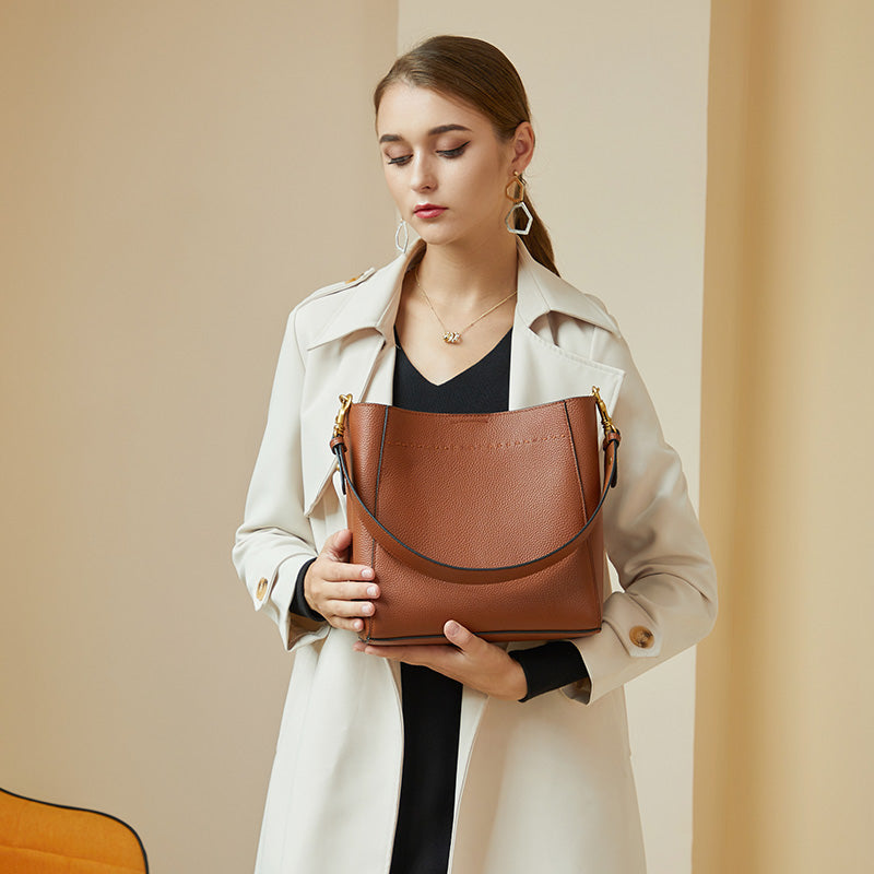Women's Brown Genuine Leather Shoulder Bucket Bag with Wide Strap